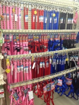 photo of dog collars on a peg board at a pet store